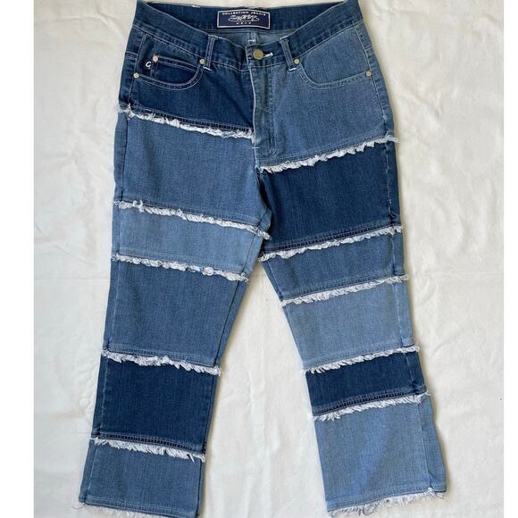 Y2K Denim Patchwork Capris Women's Size Small Midrise Stripe Paneled - Picture 1 of 9